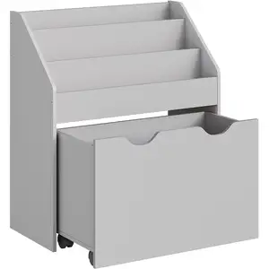 SONGMICS Kinderboekenplank, kinderplank, speelgoedplank, met 3 planken, opbergdoos op wielen, multifunctioneel, voor kinderkamer, speelkamer, duifgrijs GKR041G10