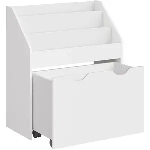 SONGMICS GKR041W10 Speelgoedrek met 3 vakken, boekenkast voor kinderen, verplaatsbare speelgoedkist met wielen, multifunctioneel, kinderkamer en speelkamer, wolkwit
