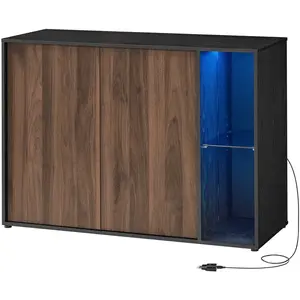 Buffet TV minimaliste avec éclairage et étagère en verre, Noyer Naturel + Noir Boisé BBK372B01 pas cher