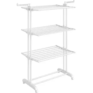SONGMICS Droogrek, staand droogrek, 4 niveaus, vleugelwasrek, inklapbare vleugels, met wieltjes, 63,5 x 128 x 173 cm, groot, eenvoudige montage, voor binnen en buiten, wolkenwit pas cher