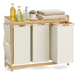 Songmics Wasmand 3 compartimenten 3×50L 94×33×78 cm Crèmewit pas cher