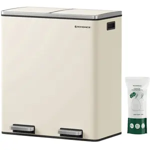 SONGMICS Poubelle à Double Compartiment 2 x 30L, avec 15 Sacs Poubelles, Pédales en Métal, 2 Seaux en Plastique, Blanc Cassé LTB060A pas cher