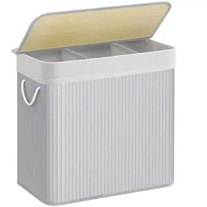 Songmics 150L wasmand, wasmand met deksel, wassorteerder, gemaakt van bamboe, met handvatten, 3 compartimenten, opvouwbaar, katoen, waszak, machinewasbaar, wasruimte, grijsVendu parsongmics