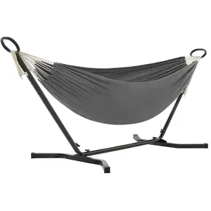 SONGMICS Hangmat met frame, 210 x 150 cm, verstelbaar in 5 verschillende hoogtes, metalen frame, belastbaar tot 240 kg, voor tuin, zwart frame en grijze hangmat GHS001G01 pas cher