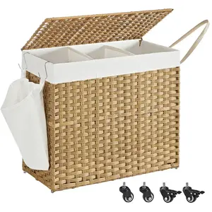 SONGMICS Panier à linge avec roulettes 3 compartiments, Couleur Boisée / 70 x 36 x 66 cm LCB365N01 pas cher