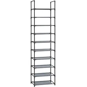 Schoenenrek, 10 niveaus, schoenenrek, schoenenopberger, smal, 33 x 33 x 173 cm, metalen frame, planken van vliesstof, voor hal, slaapkamer, zwart LSR110B02