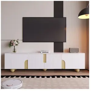 NECHE Meuble TV Moderne Blanc Et Bois - 4 Portes Finition Marbre Pieds Bois Sphériques MDF180x40x44cm pas cher