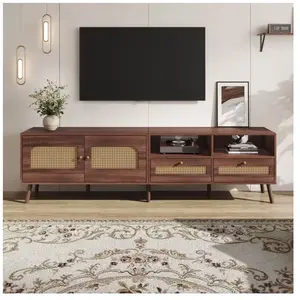 NECHE Meuble TV Vintage Noyer Foncé 2 Portes + 2 Tiroirs Décor Rotin 8... pas cher