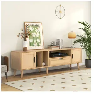 YOLEO Meuble TV en rotin,Meuble de rangement TV 2 portes + 1 tiroir,pieds en bois massif,180 x 40 x 54cm pas cher