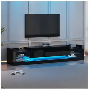 YOLEO Meuble TV brillant avec éclairage LED 181cm,Pour téléviseur jusqu'à 80 pouces,Panneaux de verre,2 tiroirs rabattables-Noir pas cher