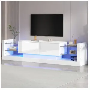 YOLEO Meuble TV brillant avec éclairage LED 181cm,Pour téléviseur jusqu'à 80 pouces,Panneaux de verre,2 tiroirs rabattables-Blanc pas cher