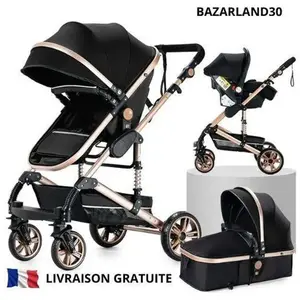 VEVOR BAZARLAND30. Poussette 3 en 1 Bébé Combinée Siège-Auto Nacelle Réversible Réglable Haute Qualité Roues increvables Canne noir et or pas cher