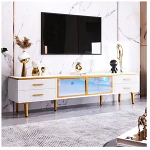 YOLEO Meuble tv Moderne en Marbre,4 Pieds,Tiroirs Poignées Dorées,Portes en Verre Trempé Marron,Meuble tv Bas pr Salon,170x37x47.5cm pas cher