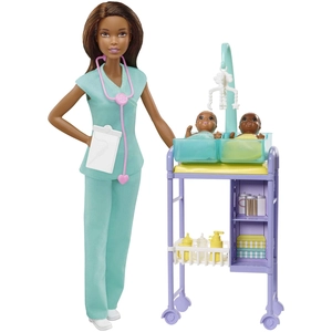 Mattel Barbie You Can be Anything - Dark Skin Doll Baby Doctor with Twins Babies (GKH24) pas cher