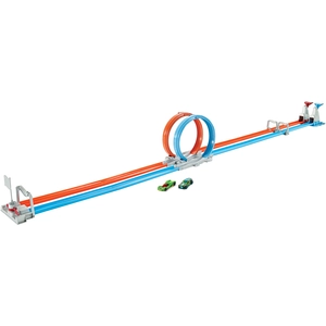 Mattel Piste Hot Wheels Action de lancement Double Loopings 213 cm orange/bleu - Jouet pour enfant de 4 ans et plus