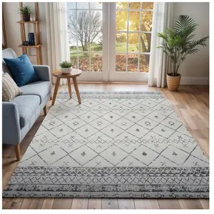 SURYA Tapis de Salon à Poils Courts Doux Berbère Ethnique MYA 160x215cm Blanc/Gris pas cher