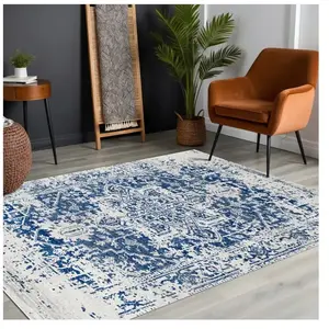 SURYA Tapis de Salon à Poils Courts Doux Vintage Oriental JULIETTE 200x275cm Bleu/BlancVendu parcdiscount