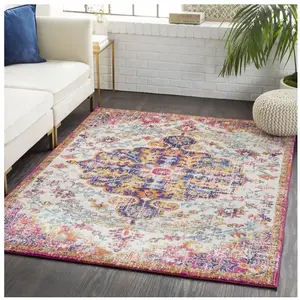 LIVABLISS Tapis de Salon à Poils Courts Doux Vintage Oriental LOU 160x220cm Orange Brûlé/Multicolore pas cher