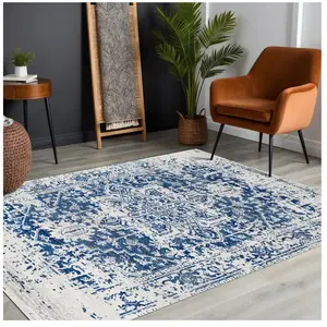 SURYA Tapis de Salon à Poils Courts Doux Vintage Oriental JULIETTE 140x200cm Bleu/BlancVendu parcdiscount