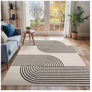 LIVABLISS Tapis de Salon à Poils Courts Doux Scandinave Moderne CONSTANCE 140x200cm Blanc/Noir pas cher