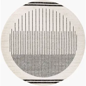 LIVABLISS Tapis Rond de Salon à Poils Courts Doux Scandinave Moderne ENSO Ø 200cm Blanc/Noir pas cher
