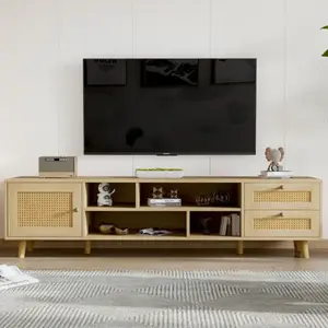 YOLEO Meuble TV Porte en Rotin 160 cm,Commode bas Pour téléviseur 70" - 5 compartiments de rangement et 2 tiroirs pas cher