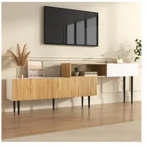 NECHE Meuble TV Modulaire 240cm Bois Et Blanc - 3 Portes Rabattables Pieds Métalliques NoirsStyle Moderne pas cher