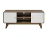 Image de Calicosy - Meuble TV - Panneaux Mélaminés - Structure Décor Bois, Façades Blanches - Boutons en Bois - 2 Portes et 2 Niches Centrales - L128,5 x P39 x H53 cm