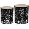 Image de Atmosphera - Lot de 2 Tables Basses Gigognes Akira, Noir et Bois, D 39 x H 45 cm, Fer Ajouré Motif Feuillage - Pour Salon, Bout de Canapé