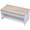 Image de Table basse moderne avec plateau relevable blanche et bois HEDDA. Table de salon en bois avec rangement. Table rectangulaire avec étagère.