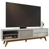 Image de ACTUAL DIFFUSION Meuble TV 75 Pouces Blanc Pieds Bois 1 Porte 2 Tiroirs 3 Niches L 200 H 55.2 P 37.7 cm