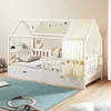 Image de IDIMEX Lit de maison Nuna en pin massif, lit Montessori de 90 x 200 cm, avec protection anti-chute, lit de jeu avec tiroirs, lit d'enfant moderne avec toit en blanc
