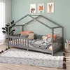 Image de IDIMEX Lit de maison LISAN en pin massif en gris, beau lit Montessori en 90 x 200 cm, lit d'enfant stable avec protection contre les chutes et toit