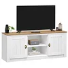 Image de IDIMEX Bolton Meuble TV bas en pin massif, banc TV de style maison de campagne avec 2 portes et poignées coquillages, meuble bas en pin massif laqué en blanc/marron