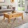 Image de Table Basse de Salon Tequila Plateau rectangulaire et Pieds sculptés en Bois Style Mexicain avec 1 Grand tiroir, en pin Massif Finition teintée et cirée - Dim (L x H x P) : 100 x 37 x 65 cm