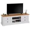 Image de IDIMEX Meuble TV Kent L 144 cm en Bois Massif Blanc et Brun avec Rangement 4 tiroirs et 2 niches pour télévision jusqu'à 60 Pouces 144 x 46 x 45 cm