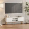 Image de Meuble TV Design Support Télé Banc avec 2 Portes et 2 Étagères Panneau de Particules Mélaminé Pieds en Bois avec Revêtement PVC 120 x 30 x 47 cm Blanc