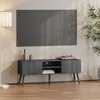 Image de Meuble TV Design Support Télé Banc avec 2 Portes et 2 Étagères Panneau de Particules Mélaminé Pieds en Bois avec Revêtement PVC 120 x 30 x 47 cm Gris Foncé Noir