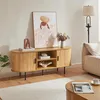 Image de [en.casa] Meuble TV Design Scandinave Banc Télévision Table Télé Moderne avec 2 Coulissantes Compartiments de Rangement Passe-Câbles MDF Bambou Métal 140 x 40 x 55 cm Naturel