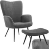 Image de tetake® Fauteuil Salon Confortable & Tabouret en Velours côtelé - Fauteuil Scandinave - Moelleux avec Accoudoirs - Chaise ergonomique pour salle - Gris/Noir