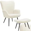 Image de tectake® Fauteuil à oreilles rembourré - Style scandinave - Chaise en peluche - Chambre à coucher - Capacité de charge 150 kg - Avec hocker, tabouret - Bouclé - Creme/noir