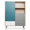 Image de FINORI Buffet haut Cuba en chêne Sonoma clair avec bleu pétrole, blanc et gris tricolore buffet scandinave 103 x 139 cm