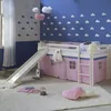 Image de Homestyle4u 2552 Lit mezzanine, pour enfant, échelle blanche, 90 x 200 cm, en bois de pin, avec rideau rose, toboggan et sommier à lattes