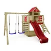 Image de WICKEY Aire de Jeux Smart Cave portique en Bois avec balançoire et Toboggan rouge, Tour d'escalade pour Enfants avec bac à Sable, échelle et Accessoires de Jeu pour Le Jardin.