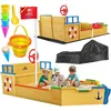 Image de Kidiz® Bac à sable Ahoi - bateau pirate, bateau à voile en bois avec couverture, tapis de sol, banc, mât, grand bac à sable pour enfants pour le jardin, extérieur, bleu