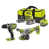 Image de RYOBI - Pack d'Outils Électroportatifs Sans Fil DUO 18V ONE+ - Perceuse-Visseuse à Percussion et Meuleuse d’Angle - 2 Batteries Lithium 5,0 et 2,0 Ah et Chargeur Rapide - Accessoires - R18CK2BL-252S