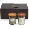 Image de WoodWick coffret cadeau de bougies parfumées|Bougies jarres parfumées « Au coin du feu » et « Linge propre » avec mèches qui crépitent|Jusqu'à 60 heures de combustion chacune|Coffret cadeau|Lot de 2