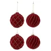 Image de J-Line Boîte De 4 Boules De Noël 2+2 Lignes/Carreaux Velours Rouge/Or
