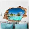Image de Ambiance Sticker s adhésifs Effet 3D | Sticker Autocollant Bungalows sur île tropicale - Décoration murale trompe l'oeil Chambre et Salon - 60 x 90 cm