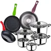 Image de San Ignacio PK3161 Batterie de cuisine 8 pièces en acier inoxydable avec ensemble de poêles (18,22 et 26 cm) en aluminium pressé, induction, forgé, rouge/violet/vert